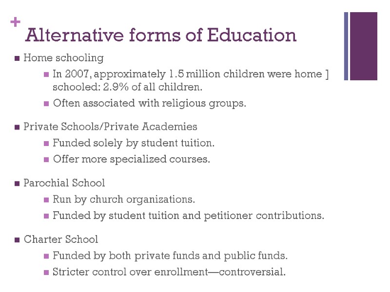 Alternative forms of Education  Home schooling In 2007, approximately 1.5 million children were